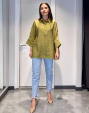 rahat kesim yarasa kol liyosel kumaş gömlek haki